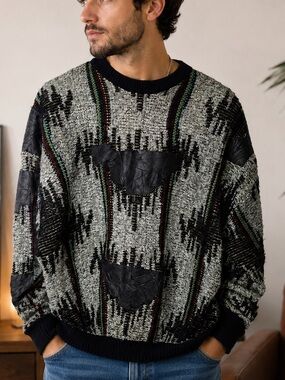 Vintage Juice Men’s L Leather Patch Grandpa Sweater 80s 90s Retro Eclectic